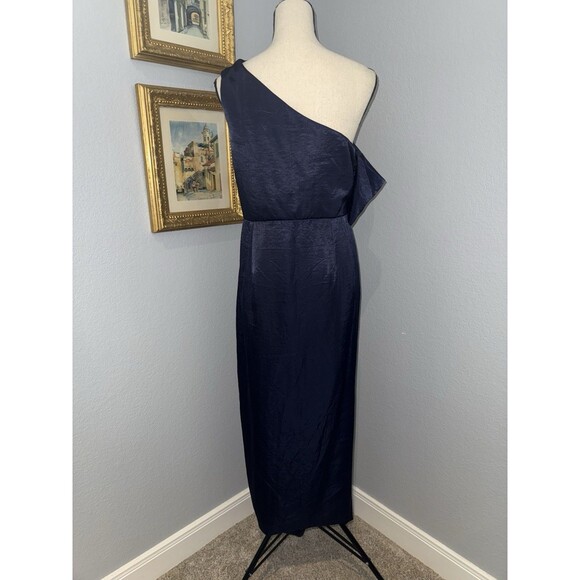 Navy Draped Dress One-Shoulder Satin Sz 10 Slit Evening Cocktail Blue Long ASOS - Picture 7 of 16